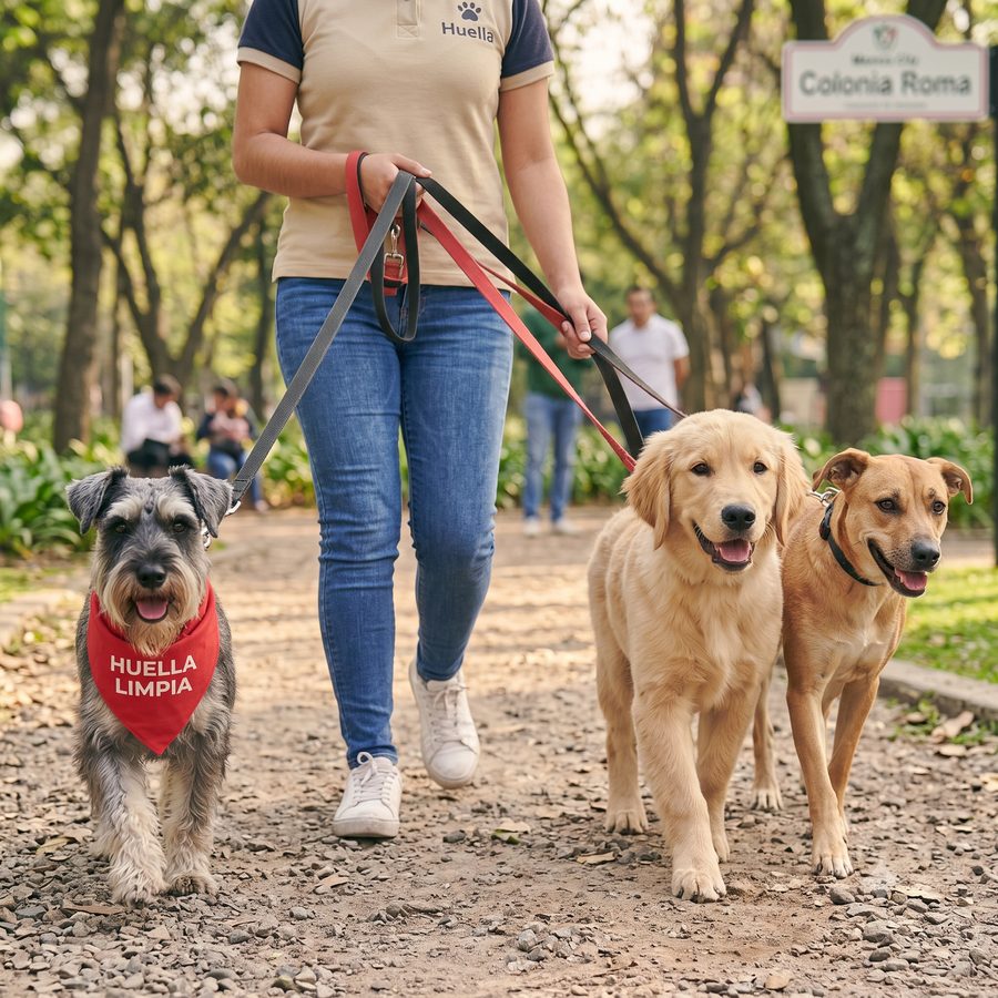 Paseadora Huelli recolectando desechos en bolsa ecológica